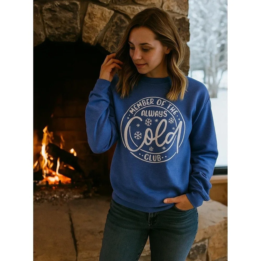 Gildan Heavy Blend‎ Blue Crew Neck Sweatshirt Always Cold Graphic Print Size M - Picture 2 of 10